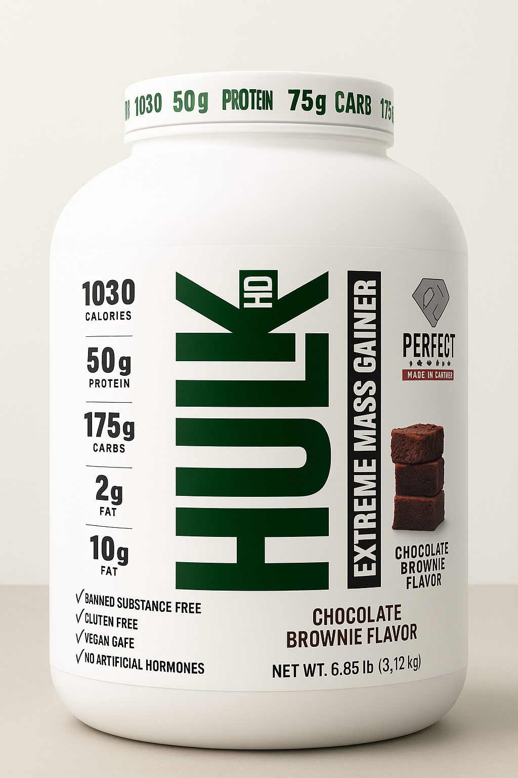 HULK HD Extreme Mass Gainer – 1030 Calories | 50g Protein | 175g Carbs | Chocolate Brownie Flavor | 6.85 lbs (3.12 kg) | Made in Canada